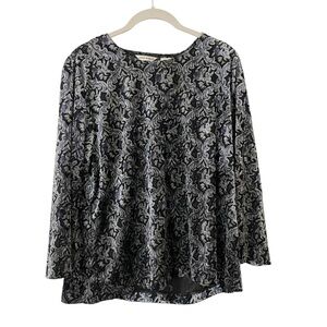 Laura Ashley Black Gray Purple Velvet Paisley Top Size Large Long Sleeves